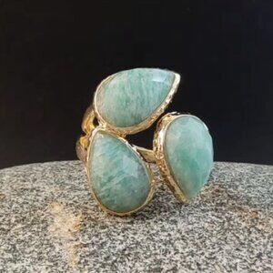 Gold  Plated Ring with Green Mint colour Amazonite Gemstones - Three Stones